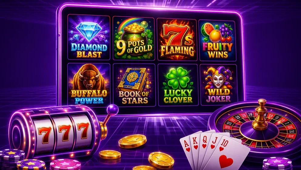 grid of casino slot games on screen